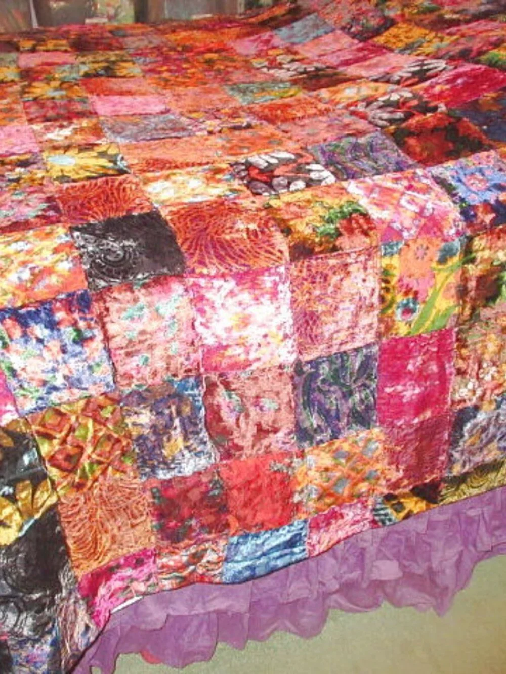 Vtg 70s Velvet Patchwork Quilt King / Cal. King Handmade Groovy Psychedelic Boho